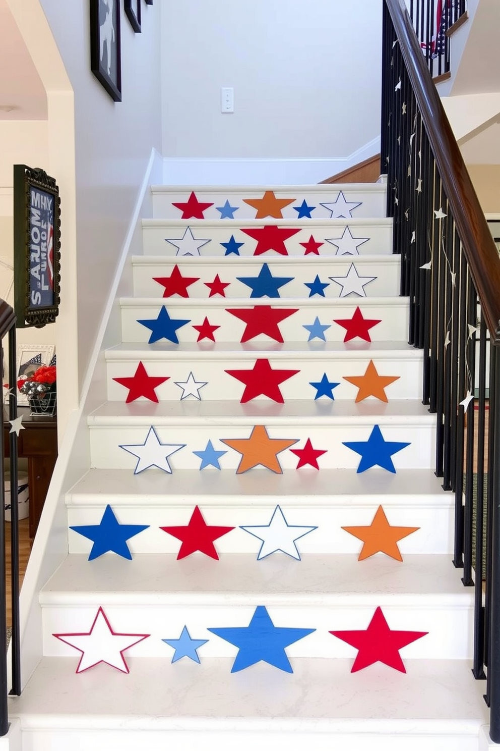 A staircase adorned with DIY painted stars on the risers creates a festive and patriotic atmosphere. The stars are painted in red, white, and blue, adding a vibrant touch to the overall design. Each riser features a different star pattern, showcasing creativity and individuality. The surrounding walls are decorated with subtle Memorial Day-themed accents, enhancing the holiday spirit.