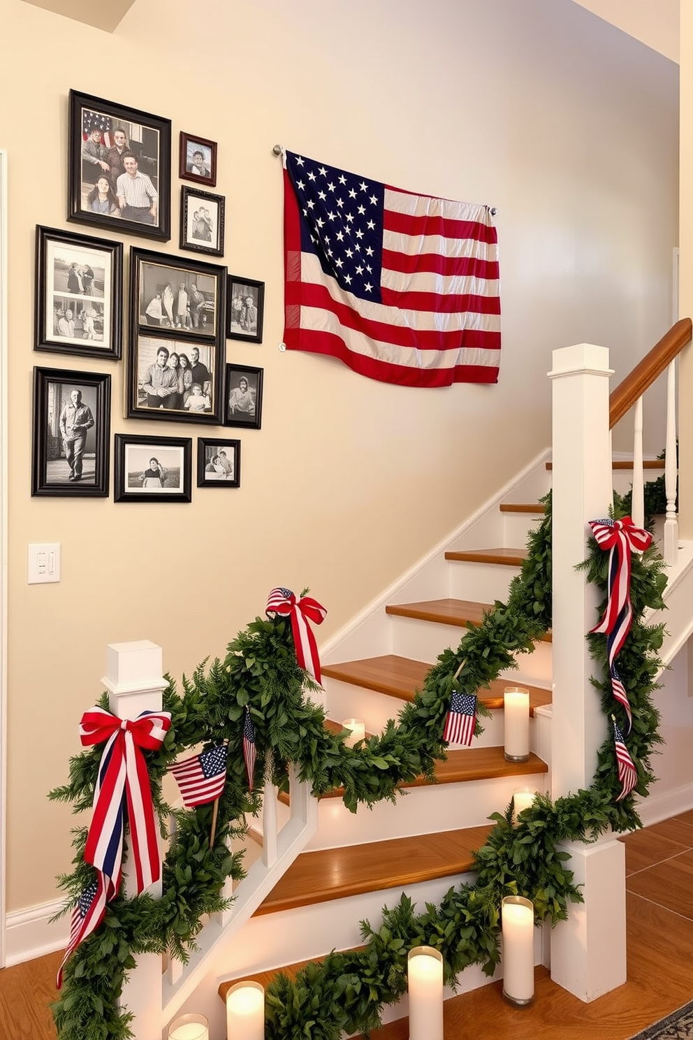 A patriotic themed photo display adorns the wall showcasing framed pictures of military heroes and family gatherings. Red white and blue accents are incorporated through decorative elements and a large flag drapes elegantly over the staircase railing. The staircase is adorned with garlands of greenery intertwined with small flags and red white and blue ribbons. Each step is highlighted with candles in varying heights creating a warm and inviting atmosphere for Memorial Day celebrations.