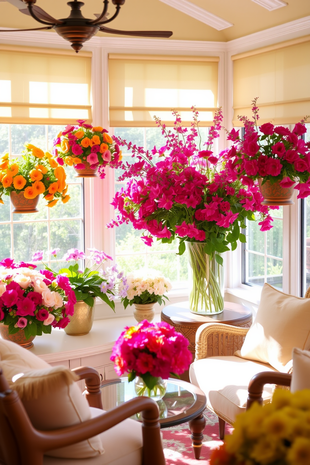 Bright floral arrangements in sunny corners create a vibrant and inviting atmosphere. The sunroom is filled with natural light, enhancing the colors of the flowers and the warmth of the space. Incorporate comfortable seating with soft cushions to complement the floral decor. Use light, airy fabrics for window treatments to allow sunlight to filter through while maintaining privacy.