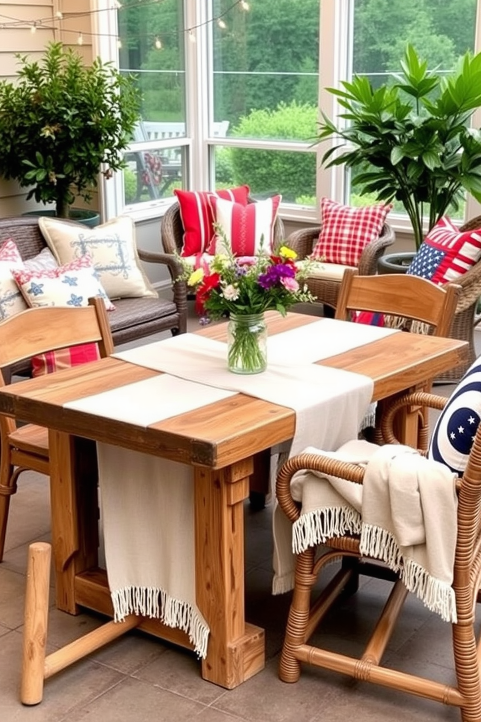 Outdoor inspired table settings with nature elements. A rustic wooden table is adorned with a linen tablecloth, featuring a centerpiece of fresh wildflowers in a mason jar. Surrounding the table are mismatched chairs made from reclaimed wood, each with a cozy cushion. Twinkling fairy lights are strung above, casting a warm glow over the scene. Memorial Day sunroom decorating ideas. The sunroom is filled with vibrant red, white, and blue accents, including throw pillows and a festive table runner. Large potted plants are placed in the corners, bringing a touch of greenery indoors. A wicker chair with a soft blanket invites relaxation and enjoyment of the holiday atmosphere.