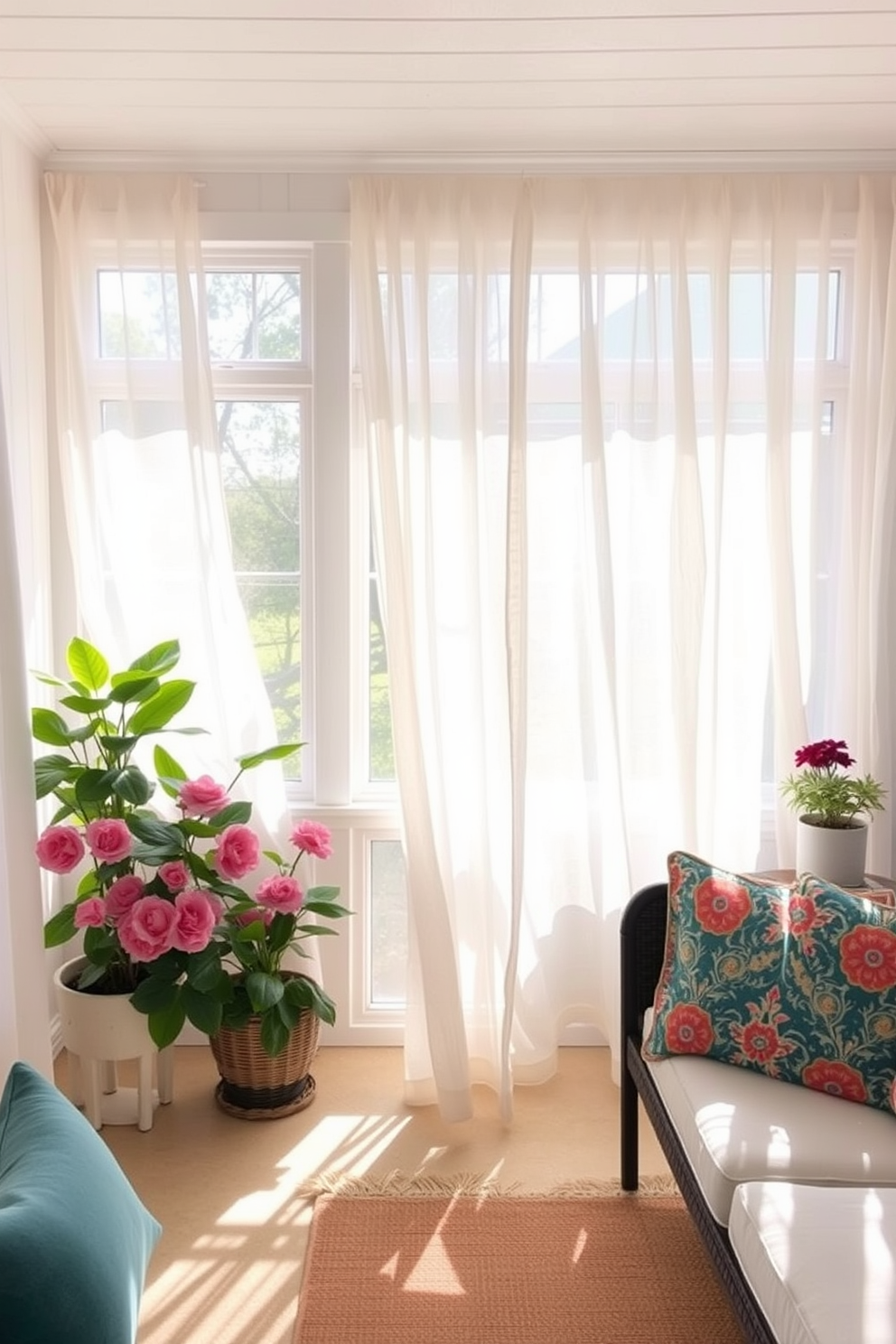 Breezy sheer curtains gently filter sunlight in a bright and airy sunroom. The soft fabric dances with the breeze, creating a serene atmosphere perfect for relaxation and gatherings. Decorative elements include potted plants and a cozy seating area with vibrant cushions. The overall design embraces a fresh and inviting aesthetic, ideal for enjoying the warmth of Memorial Day.