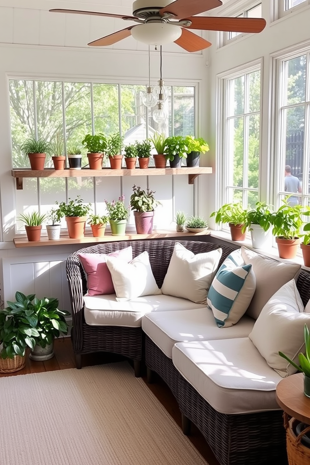 A bright and airy sunroom filled with natural light. Potted herbs in various sizes are arranged on a rustic wooden shelf, adding a fresh and fragrant touch to the space. Soft pastel cushions are scattered across a comfortable wicker sofa. A light-colored area rug anchors the seating area, creating a cozy and inviting atmosphere for Memorial Day celebrations.