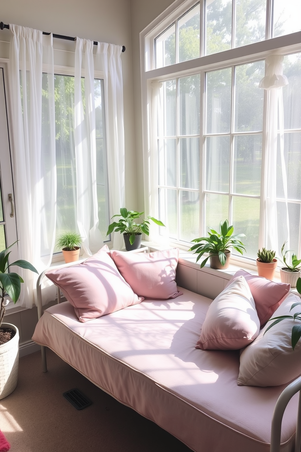 A comfortable daybed is positioned against a large window, allowing natural light to flood the space. It is adorned with plush cushions in soft pastel colors, creating an inviting atmosphere for lounging and napping. The sunroom features potted plants in various sizes, adding a touch of greenery to the decor. Light sheer curtains frame the windows, enhancing the cheerful ambiance while providing privacy.