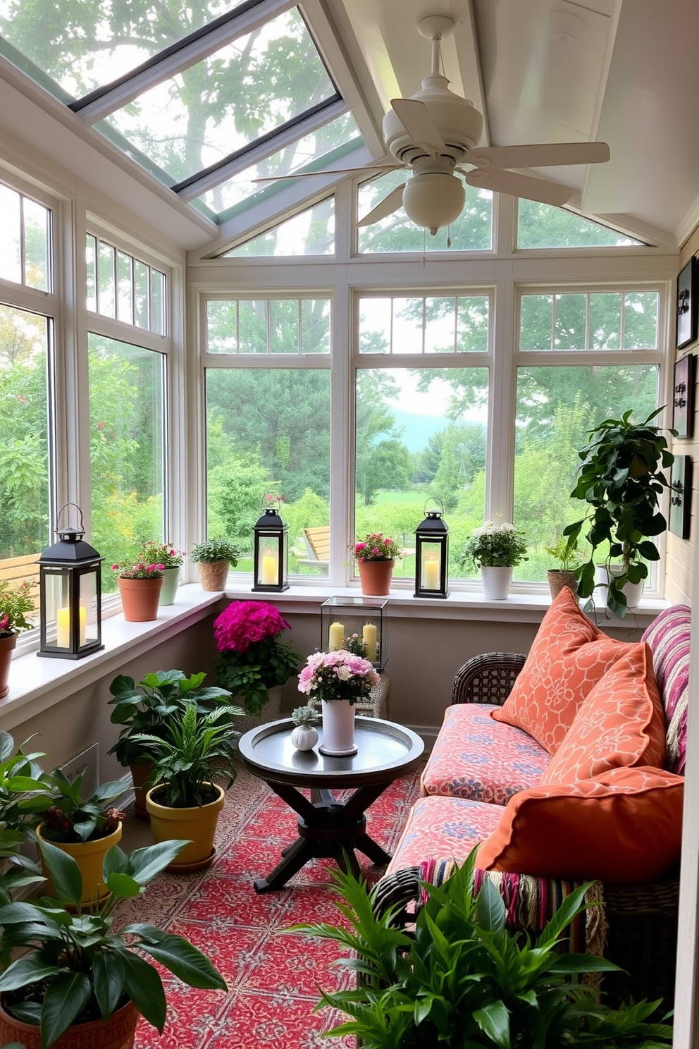 A cozy sunroom filled with natural light. Decorative lanterns are placed on the window sills, casting a warm glow as evening approaches. The space features comfortable seating with vibrant cushions and throws. Potted plants are scattered throughout, enhancing the inviting atmosphere for Memorial Day gatherings.