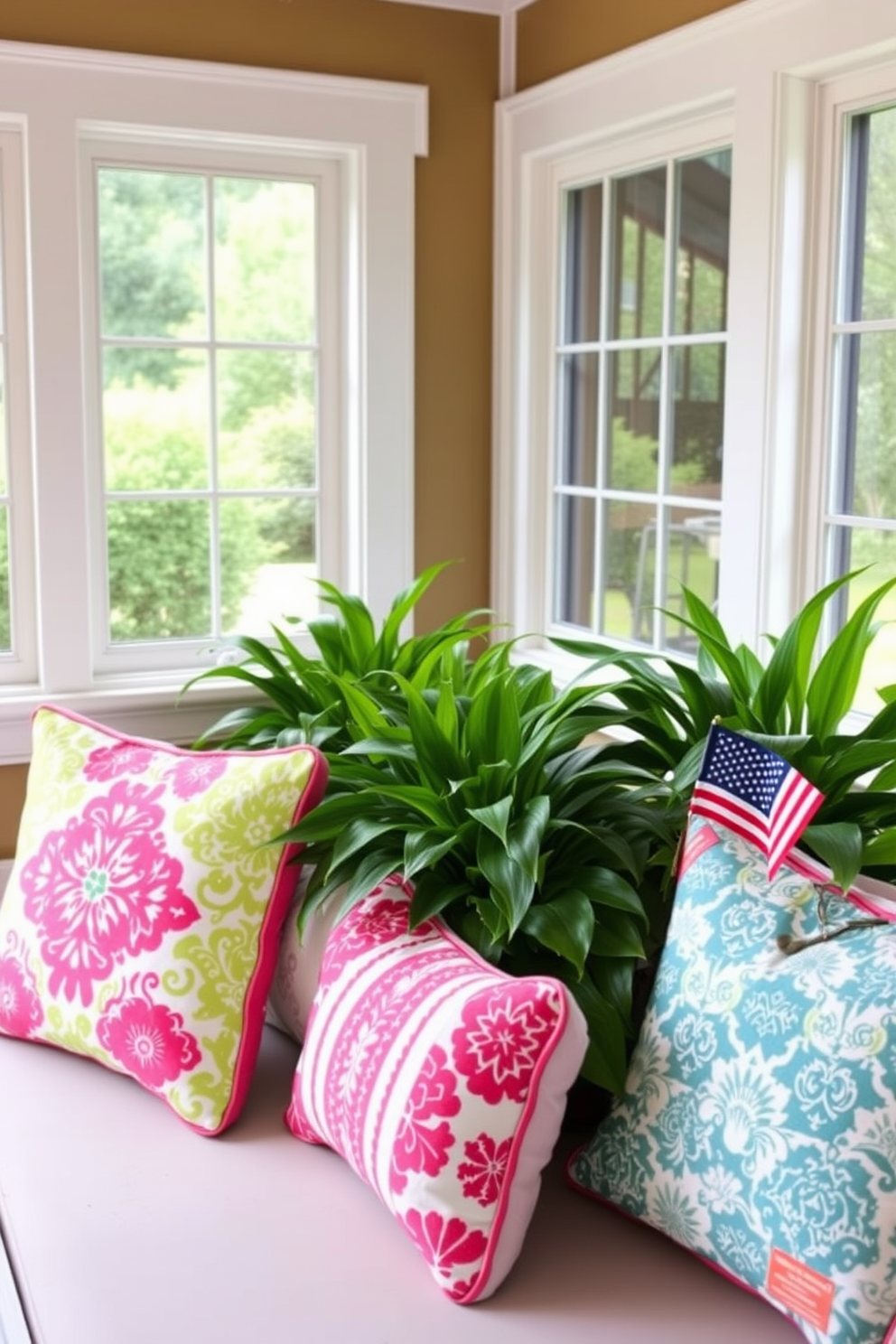 Brightly colored outdoor cushions are arranged on a cozy seating area in the sunroom. The cushions feature vibrant patterns that enhance the cheerful atmosphere, inviting relaxation and enjoyment during Memorial Day gatherings. Surrounding the cushions are lush green plants that add a refreshing touch to the space. Large windows allow natural light to flood the sunroom, creating a warm and inviting environment perfect for summer celebrations.