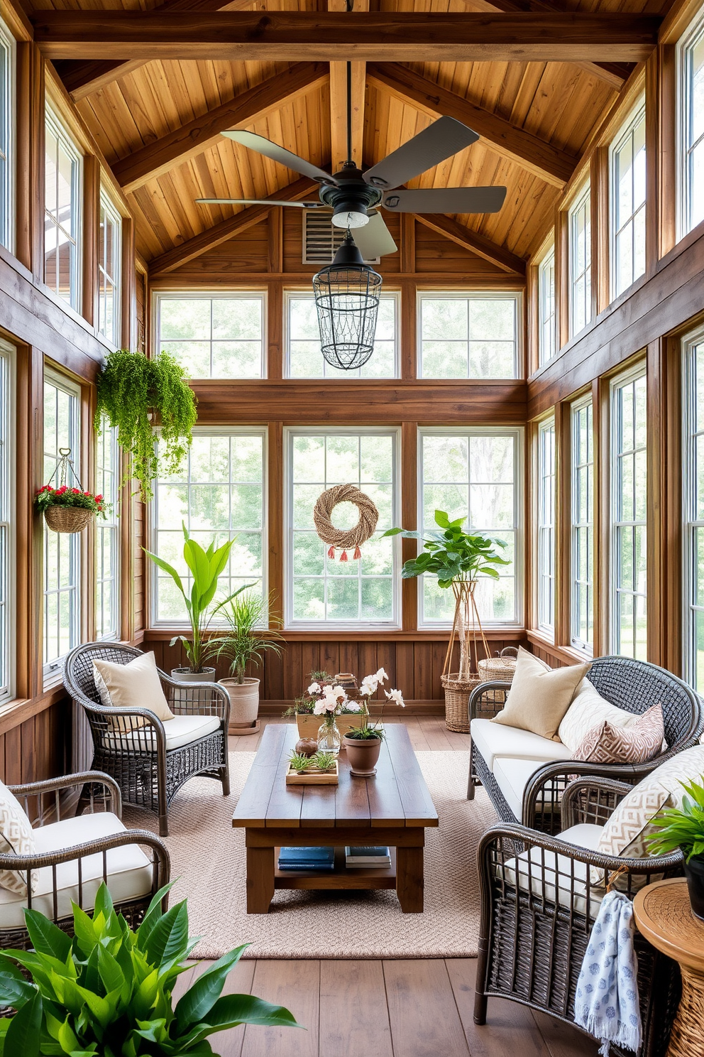 A sunroom filled with natural light features wooden accents that enhance its rustic charm. The walls are adorned with reclaimed wood paneling, and the ceiling showcases exposed wooden beams. Cozy seating arrangements include a mix of wicker chairs and a wooden coffee table, complemented by soft, earthy-toned cushions. Potted plants and hanging greenery add a vibrant touch, creating a serene and inviting atmosphere for Memorial Day gatherings.