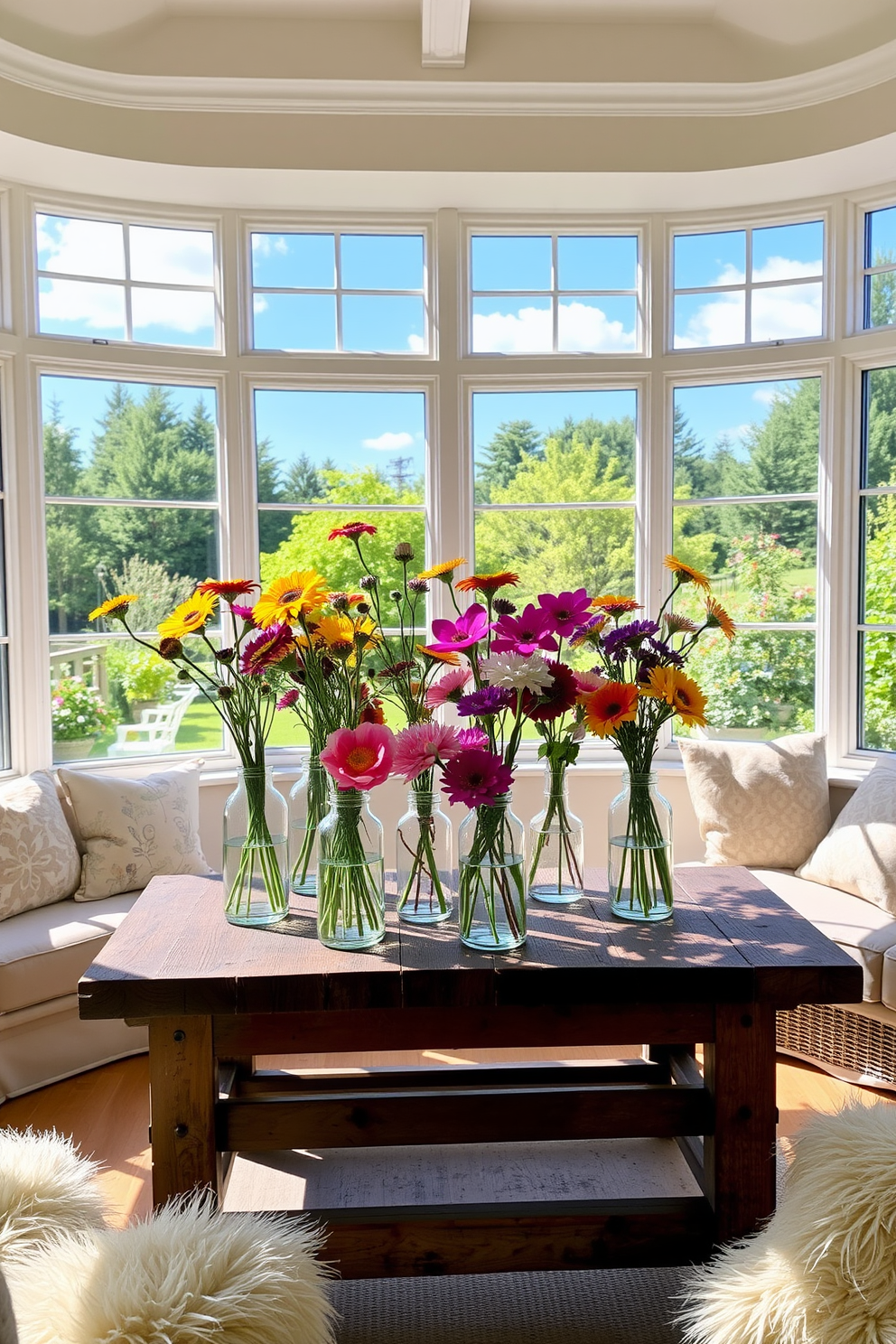 A sunroom filled with natural light features large windows that open to a beautiful garden. On a rustic wooden table, several glass vases filled with vibrant wildflowers create a cheerful and inviting atmosphere. The walls are painted in a soft pastel hue, enhancing the airy feel of the space. Comfortable seating arrangements with plush cushions invite relaxation and enjoyment of the serene surroundings.