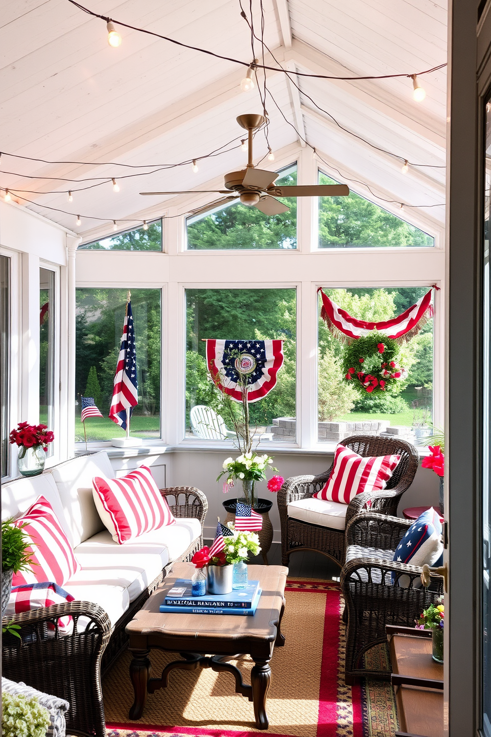 Create a cozy sunroom filled with natural light and decorated for Memorial Day. String lights are draped across the ceiling, casting a warm glow over the space, while red, white, and blue accents adorn the furniture and decor.