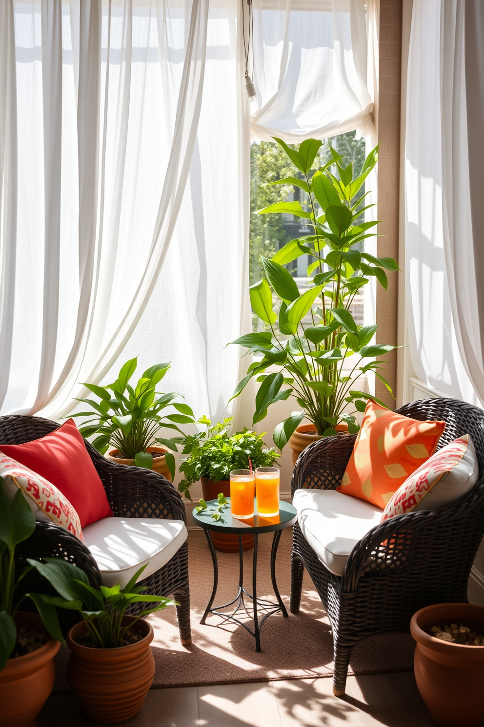 Cozy wicker furniture arranged in a sun-drenched corner creates an inviting atmosphere. Soft, colorful cushions adorn the chairs, while a small round table holds refreshing drinks and snacks. Lush green plants in terracotta pots add a touch of nature, enhancing the relaxed vibe. Sheer white curtains flutter gently in the breeze, providing a light and airy feel to the space.