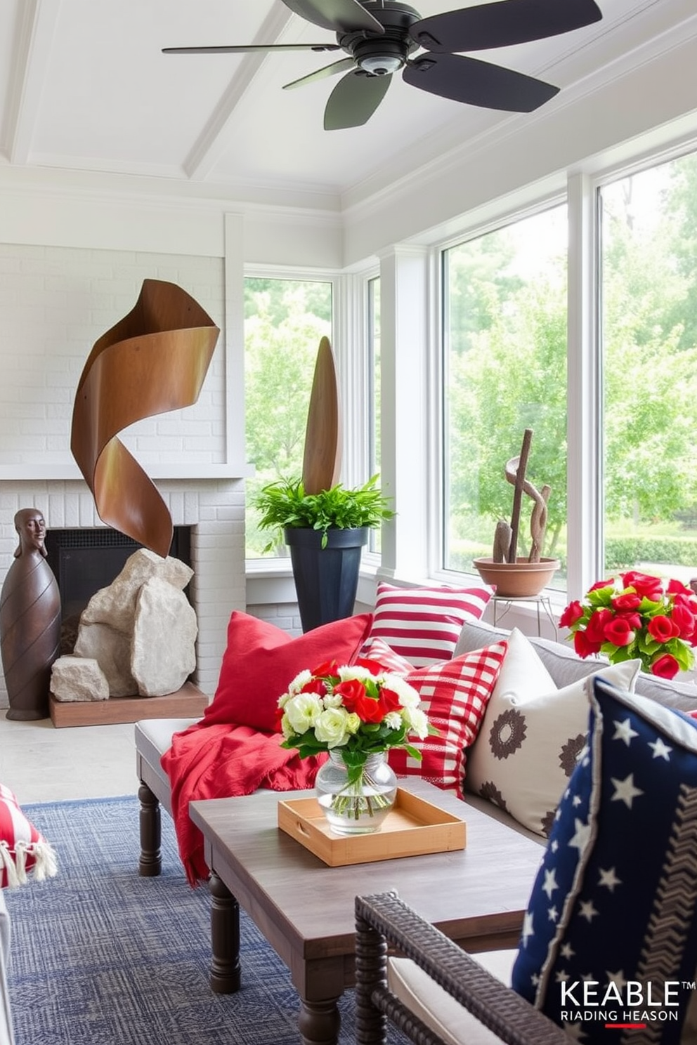 Artistic sculptures strategically placed throughout the sunroom create a dynamic interplay of shapes and textures. Large, abstract pieces made of metal and stone draw the eye and invite conversation, while smaller sculptures add subtle elegance to the decor. Incorporate vibrant colors and natural materials to celebrate the spirit of Memorial Day. Use red, white, and blue accents in pillows and throws, and adorn the space with fresh flowers and patriotic-themed art to enhance the festive atmosphere.