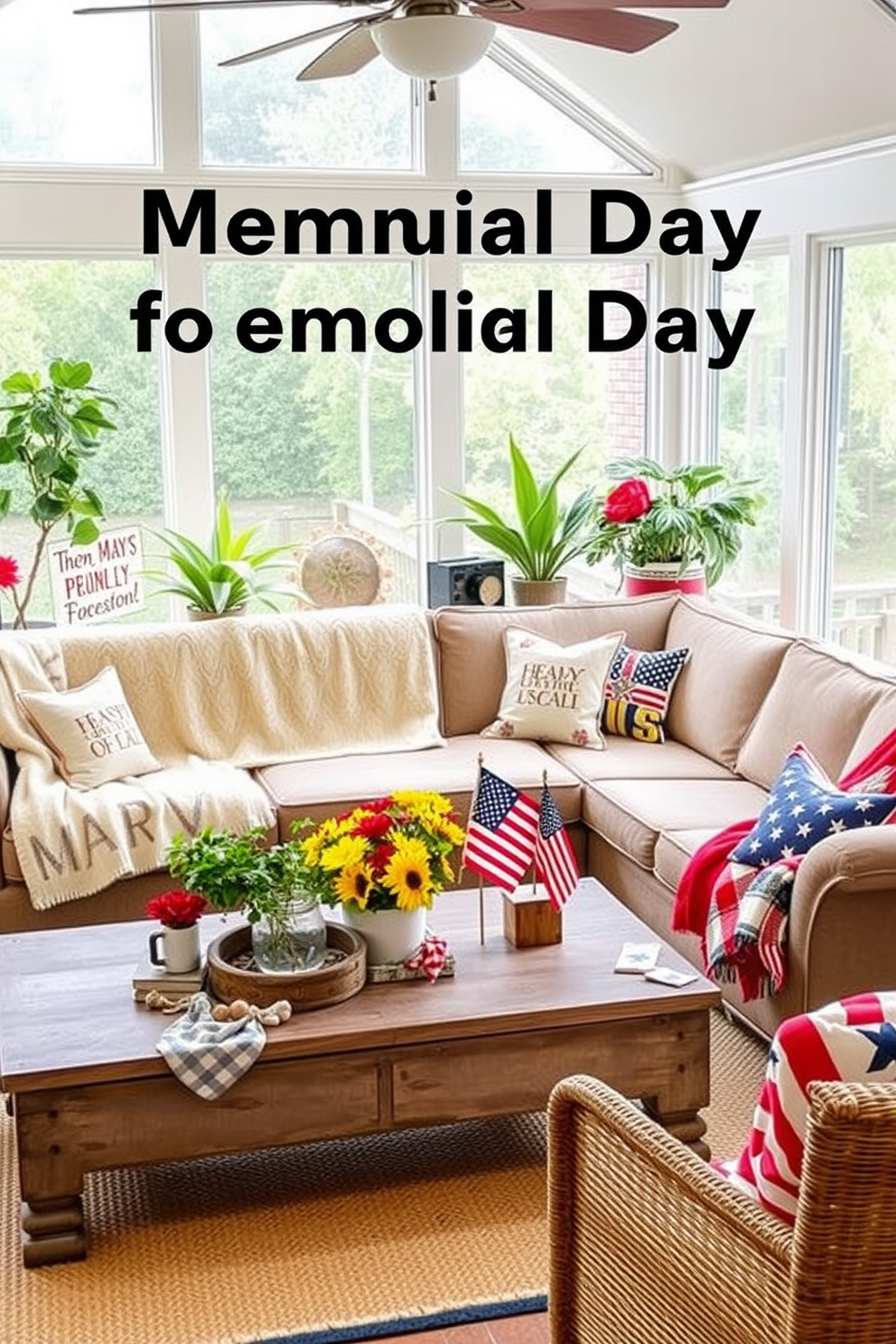 Personalized blankets are draped over a plush sectional sofa, inviting warmth and comfort for cozy gatherings. The sunroom is filled with natural light, showcasing vibrant plants and a rustic coffee table adorned with seasonal decorations. For Memorial Day, the sunroom features a patriotic theme with red, white, and blue accents throughout. Decorative pillows and throws add a festive touch, creating an inviting space for friends and family to celebrate together.