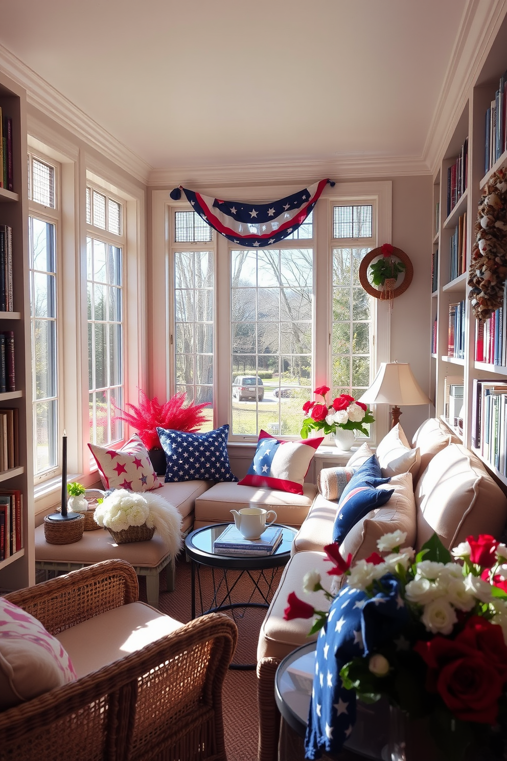 A sun-drenched reading nook features large windows that allow natural light to flood the space. Cozy seating is arranged with soft cushions and a plush throw, creating an inviting atmosphere for relaxation and reading. Bookshelves line the walls, filled with an array of books and decorative items that add personality to the nook. A small side table holds a steaming cup of tea and a reading lamp, enhancing the cozy ambiance. For Memorial Day, the sunroom is adorned with patriotic decorations that celebrate the holiday. Red white and blue accents are incorporated through throw pillows and floral arrangements, creating a festive and cheerful environment.