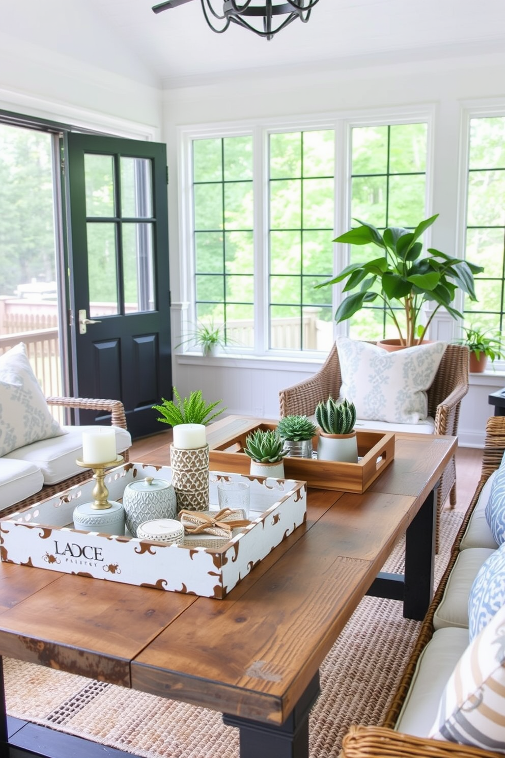 Create a sunroom that embodies a cozy and inviting atmosphere. Incorporate decorative trays on a rustic wooden table to organize small items such as candles, coasters, and potted plants. Use a color palette of soft blues and whites to evoke a serene ambiance. Add comfortable seating with plush cushions and a woven rug to enhance the warmth of the space.