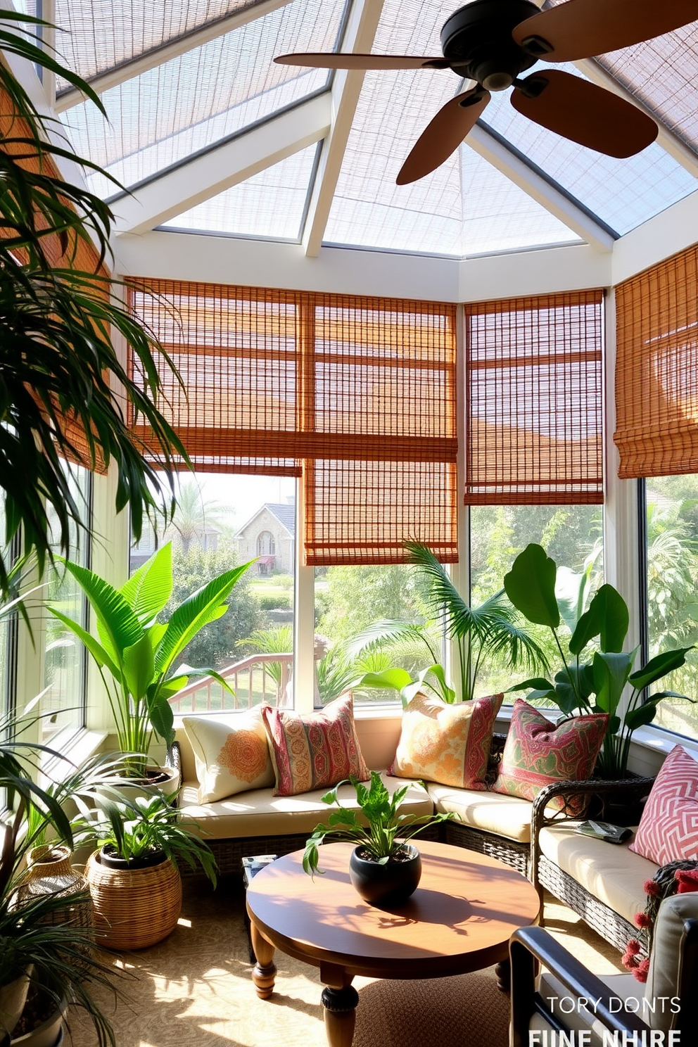 A sunroom filled with natural light featuring bamboo shades that gently filter the sunlight. The space is adorned with tropical plants, creating a serene and inviting atmosphere for relaxation. Decorative pillows in vibrant colors complement the natural tones of the bamboo. A cozy seating area is arranged around a wooden coffee table, perfect for enjoying warm summer afternoons.