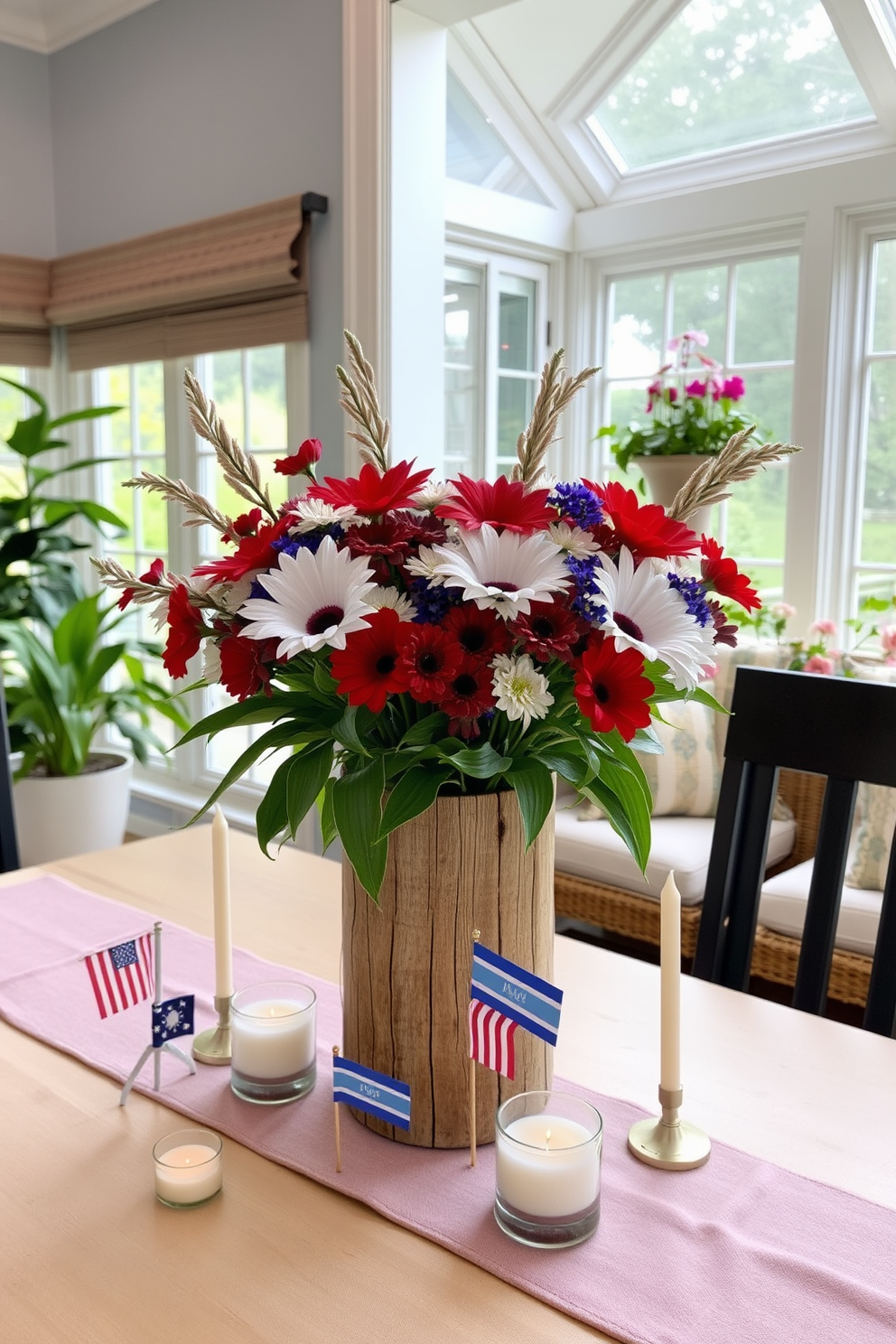 A vibrant centerpiece for a dining table featuring fresh red white and blue flowers arranged in a rustic wooden vase. Surrounding the centerpiece are small decorative flags and candles that create a festive atmosphere. A cozy sunroom decorated with light pastel colors and comfortable seating options. Large windows allow natural light to flood the space while potted plants and soft throw pillows add a touch of warmth and relaxation.