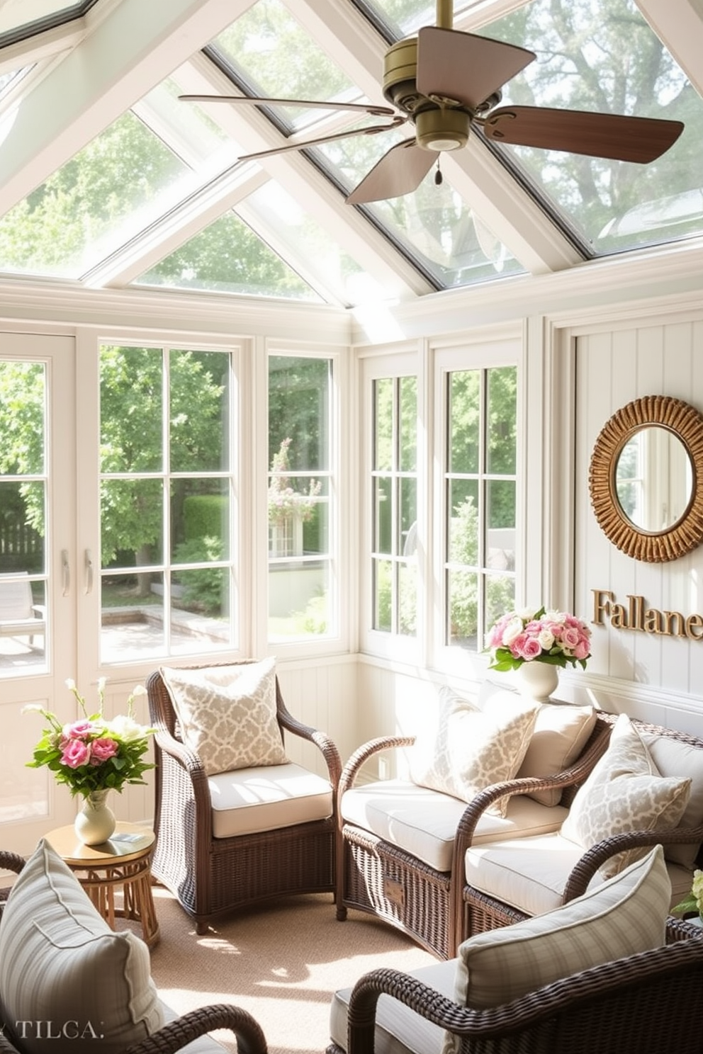 A sunroom filled with natural light featuring large windows that open to a lush garden. The decor includes framed mirrors positioned strategically to reflect sunlight and enhance the brightness of the space. Cozy seating arrangements with plush cushions invite relaxation while floral arrangements add a touch of color. Soft, pastel tones dominate the color palette, creating a serene and inviting atmosphere for Memorial Day gatherings.