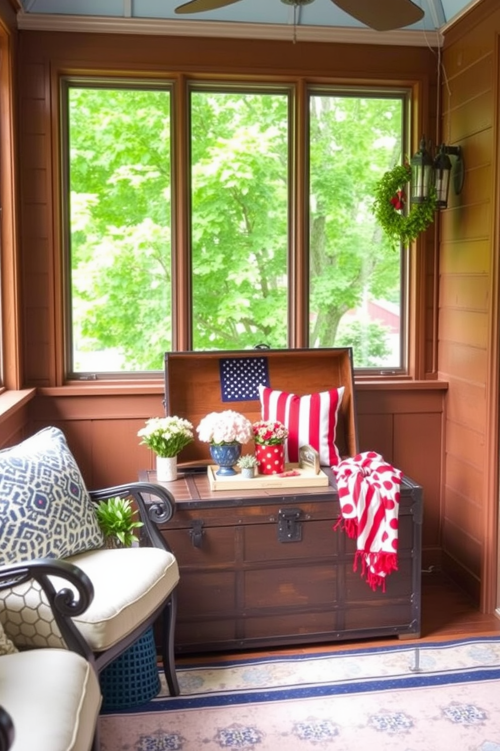 A cozy sunroom featuring a vintage trunk as a stylish storage solution. The trunk is placed in the corner, surrounded by comfortable seating and vibrant decor that captures the essence of Memorial Day.