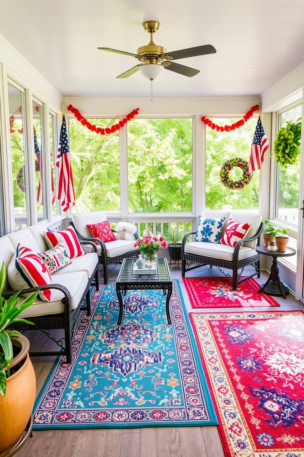 Colorful outdoor rugs add a vibrant touch to the sunroom, creating a warm and inviting atmosphere. These rugs feature intricate patterns and bright hues that complement the natural light streaming through the windows. For Memorial Day, the sunroom is adorned with patriotic decorations, including red, white, and blue accents. Plush seating arrangements are enhanced with seasonal throw pillows, inviting family and friends to gather and celebrate.