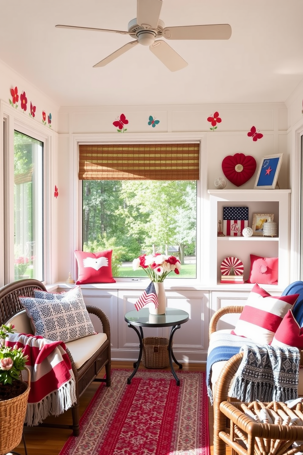 Creative wall decals for a playful touch. The sunroom features bright and colorful decals shaped like flowers and butterflies on the walls. Memorial Day sunroom decorating ideas. Incorporate red white and blue accents with cushions and throws while displaying patriotic-themed decor on the shelves.