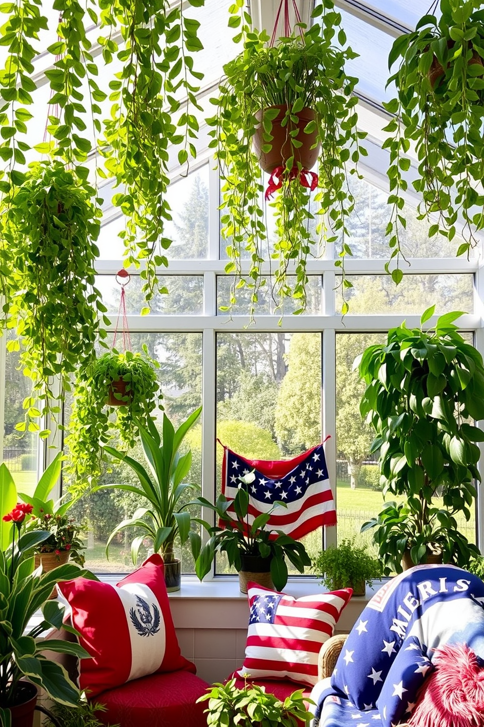 A sunroom filled with natural light features an array of hanging plants cascading from the ceiling. The vibrant green leaves create a lush atmosphere that invites relaxation and tranquility. To celebrate Memorial Day, the sunroom is adorned with red, white, and blue accents. Decorative pillows and throws in patriotic colors complement the greenery, enhancing the festive spirit.