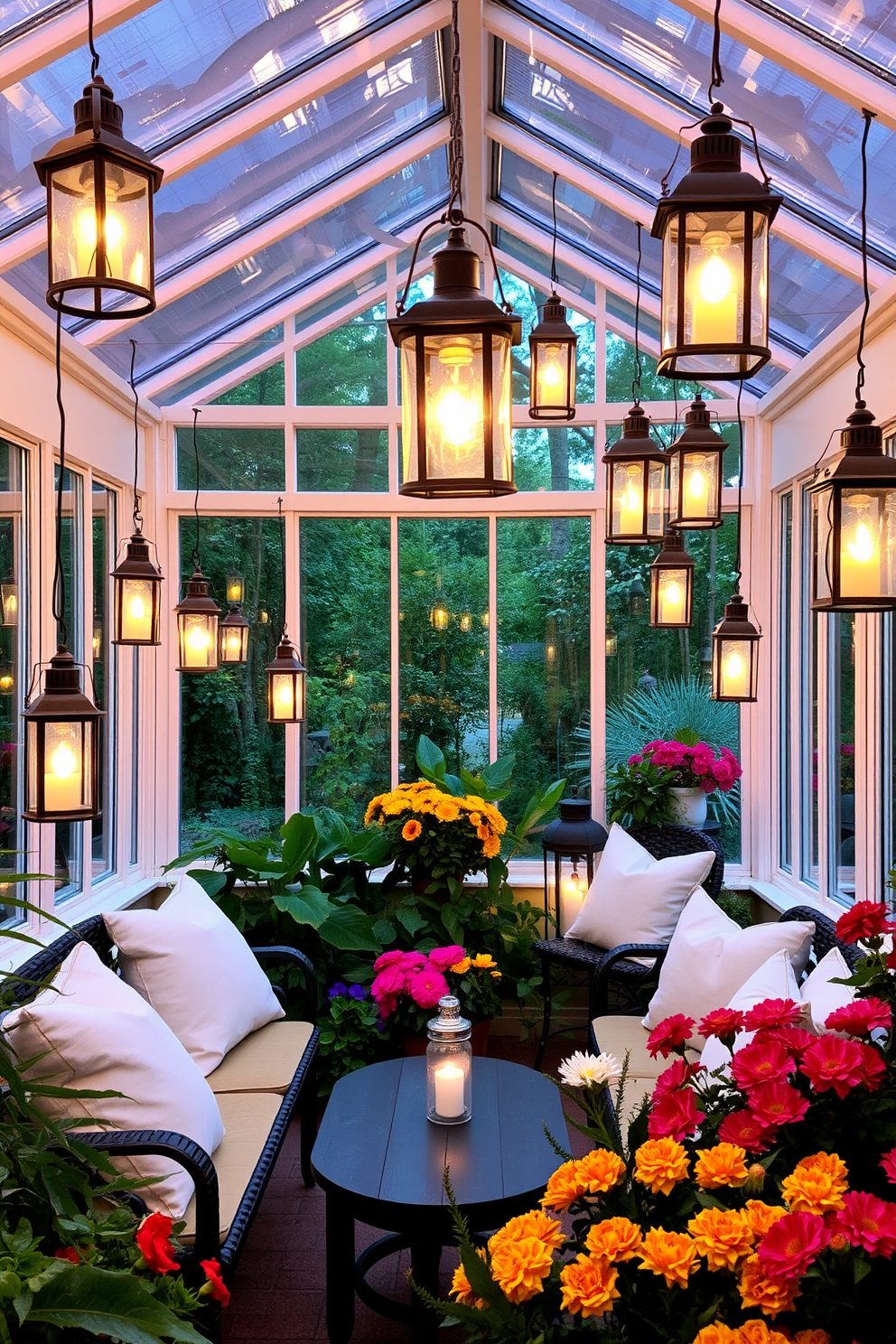 A sunroom filled with vintage lanterns casting a warm and inviting glow throughout the space. The room features comfortable seating with soft cushions, surrounded by lush greenery and vibrant flowers.