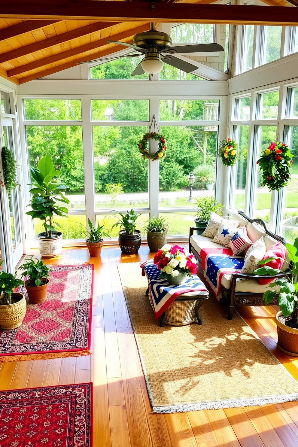 A sunroom filled with natural light features layered rugs in varying textures and colors on a warm wooden floor. The space is adorned with comfortable seating, potted plants, and decorative pillows, creating a cozy atmosphere perfect for relaxation. For Memorial Day, the sunroom is decorated with patriotic accents, including red, white, and blue throw blankets and cushions. A festive table setting with seasonal flowers and themed decor enhances the cheerful ambiance, inviting family and friends to gather and celebrate.