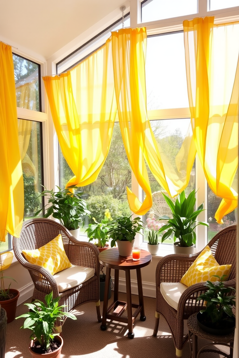 A bright sunroom filled with natural light. The windows are adorned with sunshine yellow curtains that flutter gently in the breeze, creating a cheerful atmosphere. Cozy seating arrangements include a mix of wicker chairs and a small wooden table. Potted plants are strategically placed around the room, enhancing the inviting and vibrant decor.