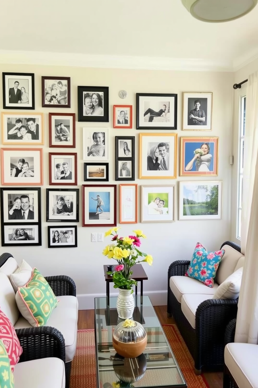 A gallery wall showcasing an array of family photos and art pieces in various frames creates a personal and inviting atmosphere. The arrangement features a mix of black and white photographs alongside vibrant artwork, all set against a soft, neutral wall color. The sunroom is designed to be a cozy retreat for Memorial Day gatherings. It is adorned with comfortable seating, colorful cushions, and light, airy drapes that allow natural light to flood the space while offering a view of the surrounding garden.