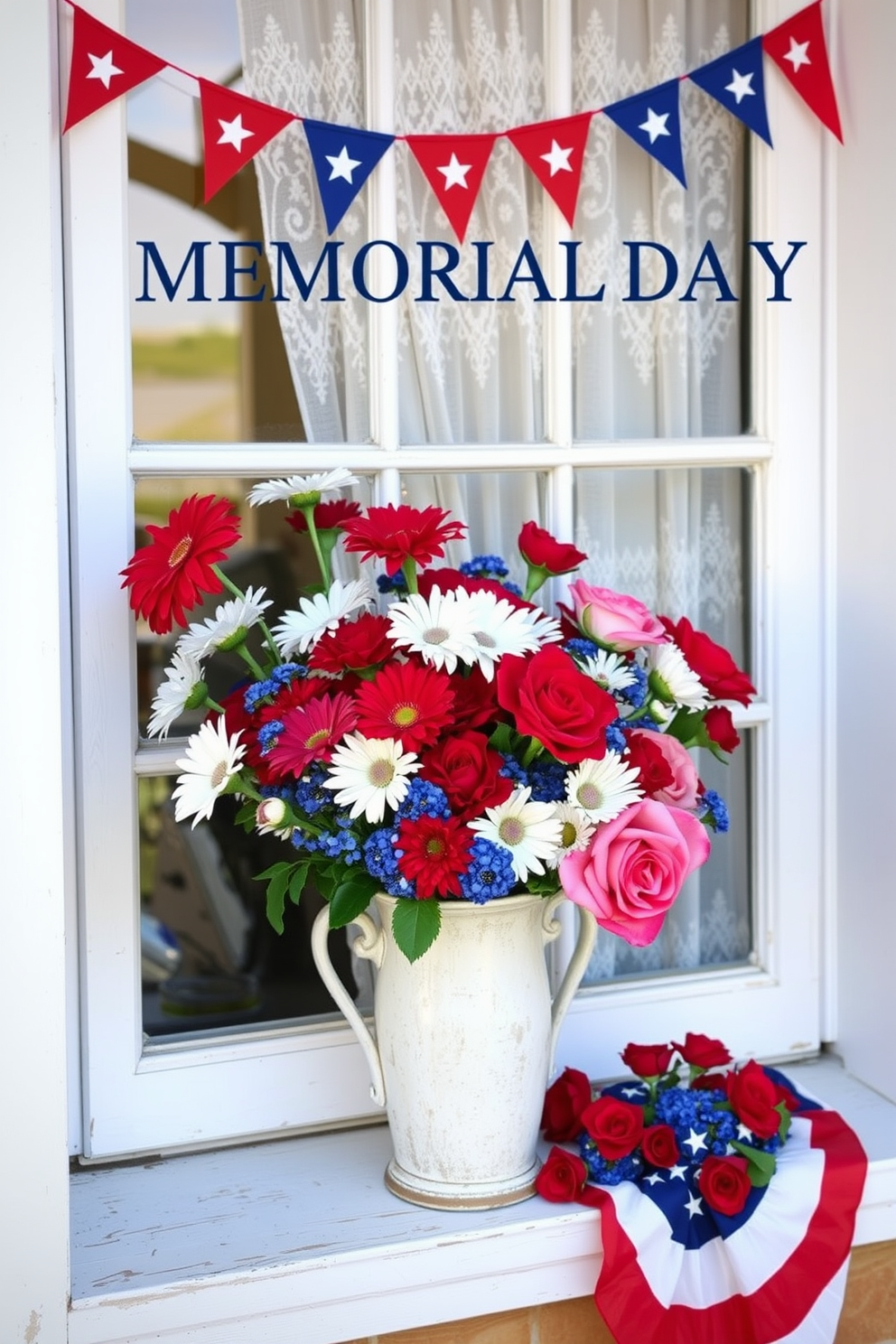 A vibrant window display featuring red white and blue floral arrangements for Memorial Day. The arrangement includes a mix of fresh daisies and roses in a rustic white vase, placed on a windowsill adorned with a delicate lace curtain.