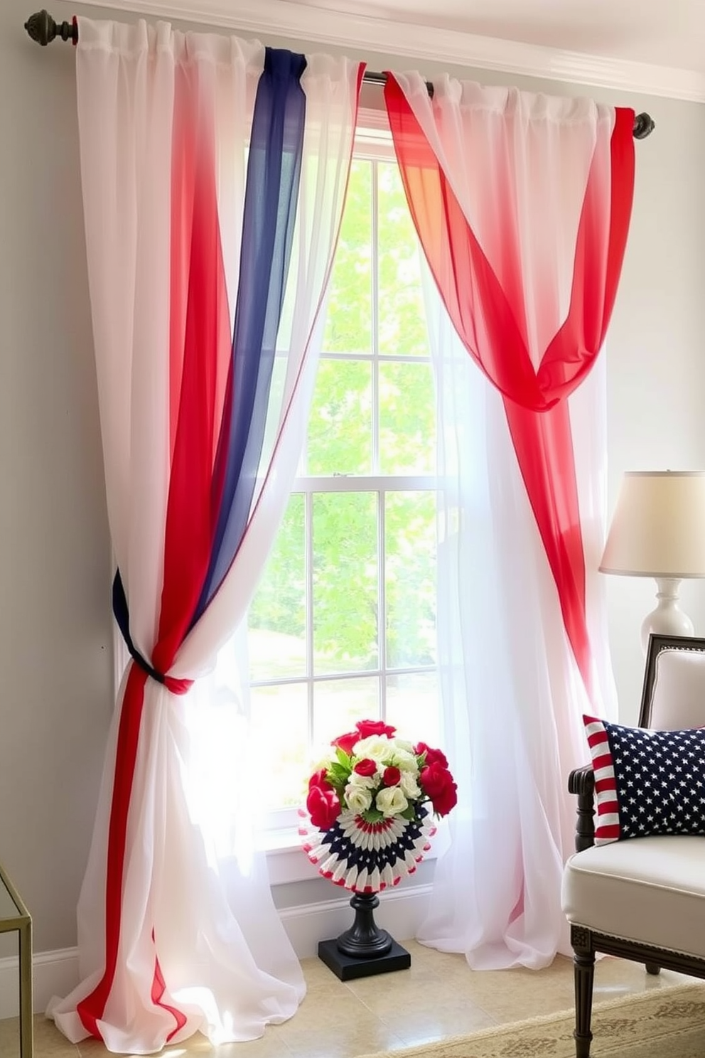 Layered sheer curtains in red white and blue create a festive atmosphere for Memorial Day. The soft fabric gently filters sunlight while adding a touch of elegance to the window display.