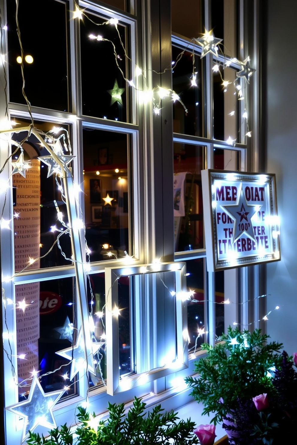 A cozy window display adorned with star shaped fairy lights wrapped around elegant frames. The soft glow of the lights creates a warm ambiance, enhancing the festive spirit of Memorial Day.