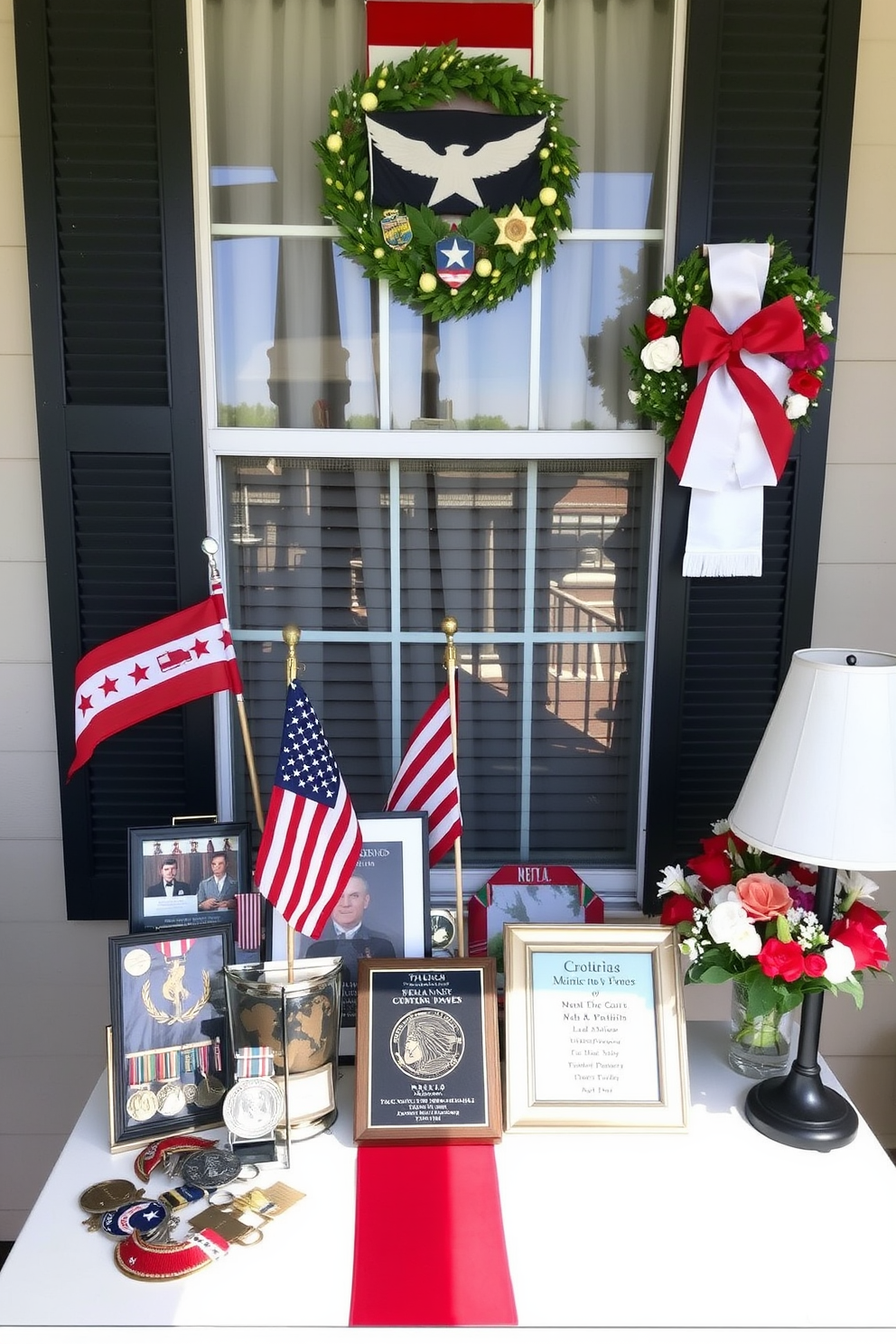 A carefully curated tabletop display features an array of military memorabilia including medals, photographs, and insignia. The arrangement is complemented by a small flag and a decorative plaque honoring service members. For Memorial Day window decorating ideas, vibrant red, white, and blue accents are used to create a patriotic theme. Banners, wreaths, and tasteful arrangements of flowers in these colors bring a festive yet respectful touch to the windows.