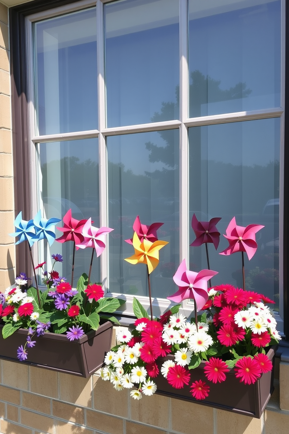 A charming window display featuring vibrant pinwheels in beautifully arranged window boxes. The pinwheels spin gently in the breeze, adding a festive touch to the Memorial Day decorations.