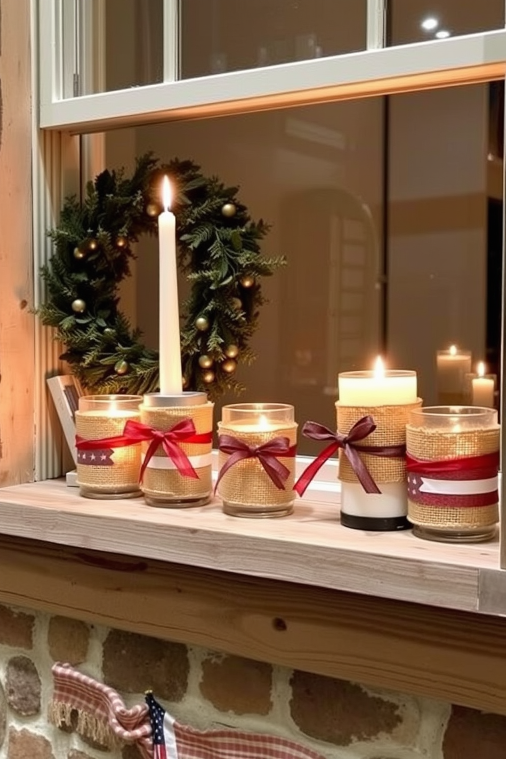 Candle holders wrapped in burlap ribbons are elegantly arranged on a rustic wooden windowsill. The soft glow of the candles complements the patriotic decor, creating a warm and inviting atmosphere for Memorial Day celebrations.