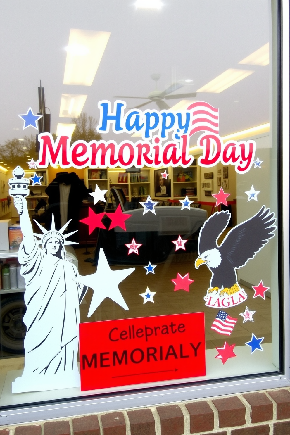 A festive window display featuring decals of iconic American symbols such as the Statue of Liberty and the Bald Eagle. The decals are arranged creatively to celebrate Memorial Day, incorporating red white and blue colors throughout the design.