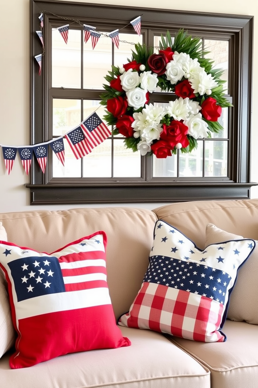 Create a cozy living room scene featuring seasonal throw pillows with patriotic themes. The pillows should display red white and blue colors along with stars and stripes patterns arranged on a neutral colored sofa. In the background showcase a window decorated with festive Memorial Day elements. Include a garland of small flags and a cheerful wreath made of artificial flowers in red white and blue tones.