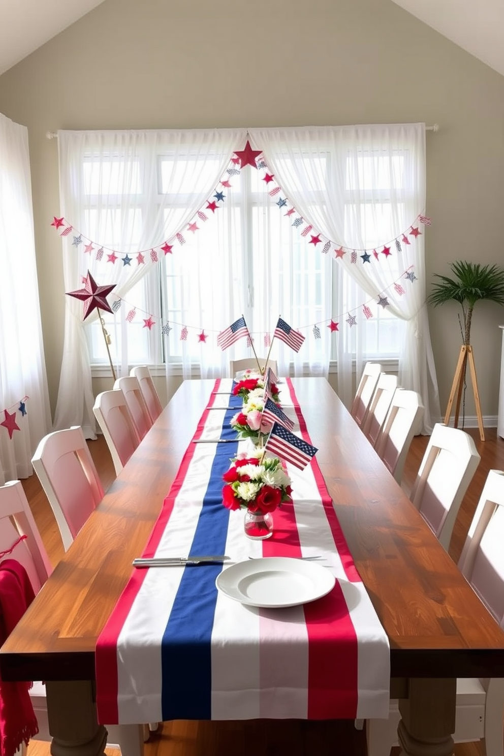 A festive table setting featuring red white and blue table runners elegantly draped across a long wooden dining table. The runners are complemented by white dinnerware and vibrant floral centerpieces that evoke a patriotic spirit for Memorial Day celebrations. Large windows adorned with sheer white curtains allow natural light to flood the room, enhancing the cheerful atmosphere. Red white and blue decorations, such as star-shaped garlands and small flags, are strategically placed around the window to create a cohesive holiday theme.