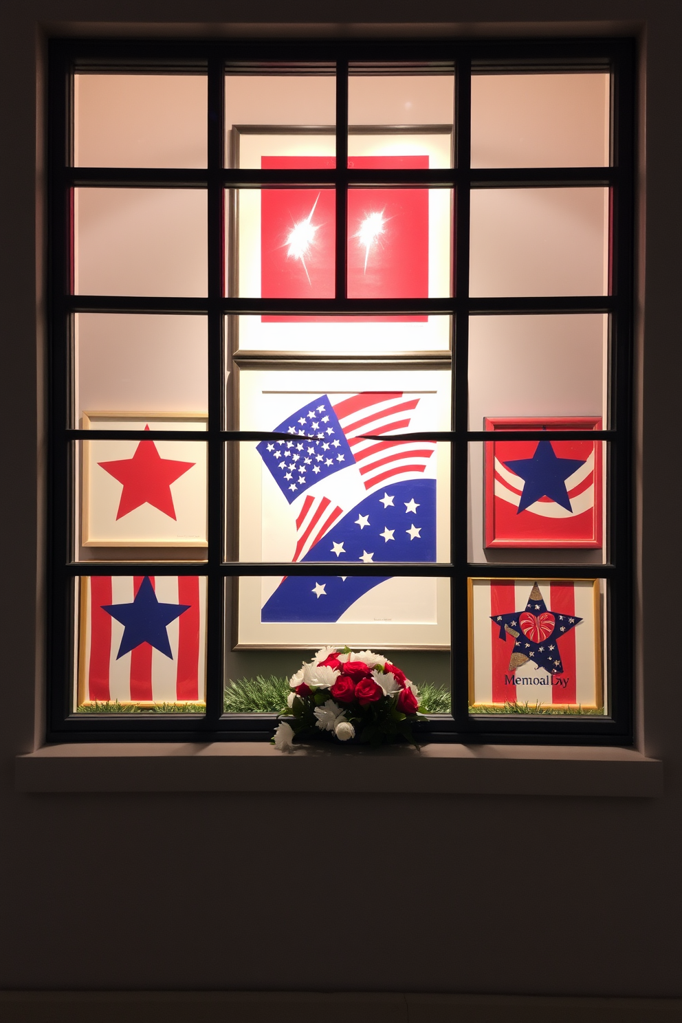 Create a vibrant display of patriotic themed artwork showcased in elegant window frames. The artwork features bold red, white, and blue colors, incorporating stars and stripes to evoke the spirit of Memorial Day.