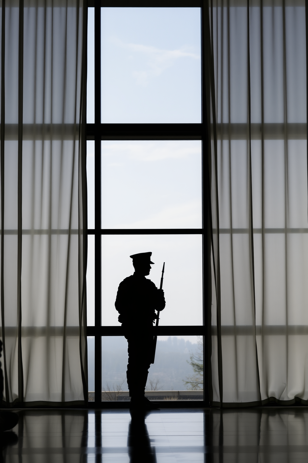 Silhouettes of soldiers stand proudly against the backdrop of a large glass window. The window is adorned with flowing white curtains that gently frame the scene, creating a serene and respectful atmosphere.