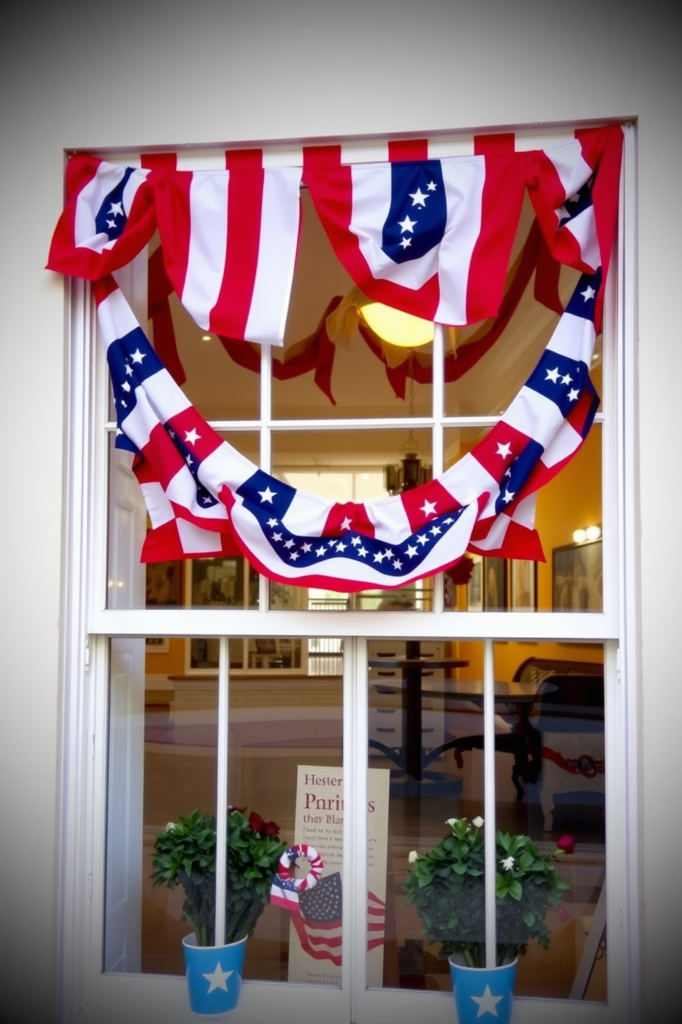 A festive window display featuring patriotic bunting draped elegantly across the windows. The bunting showcases vibrant red, white, and blue colors, creating a cheerful atmosphere for Memorial Day celebrations.