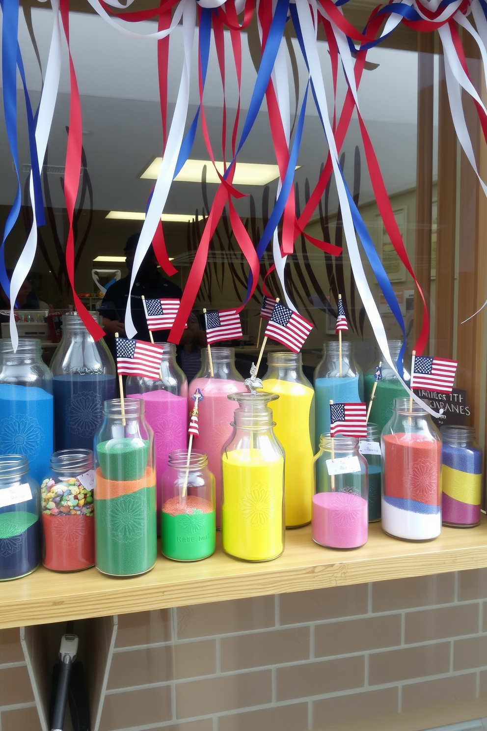 Decorative jars filled with colored sand are arranged on a wooden shelf, showcasing a vibrant spectrum of colors. Each jar is uniquely shaped, with some featuring intricate patterns etched into the glass, adding an artistic touch to the display. For Memorial Day, the window is adorned with red, white, and blue ribbons flowing gracefully from the top. Small American flags are placed strategically among the jars, creating a festive and patriotic atmosphere.