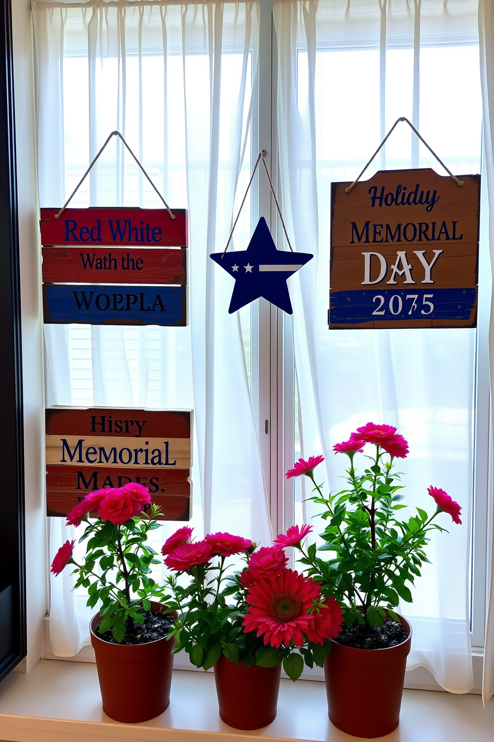 Rustic wooden signs adorned with patriotic messages hang prominently on the walls. Each sign features a unique design, showcasing red white and blue colors that celebrate Memorial Day. The window decorations include flowing sheer curtains that gently frame the signs. Potted plants with vibrant blooms are placed on the windowsill, adding a touch of natural beauty to the patriotic display.