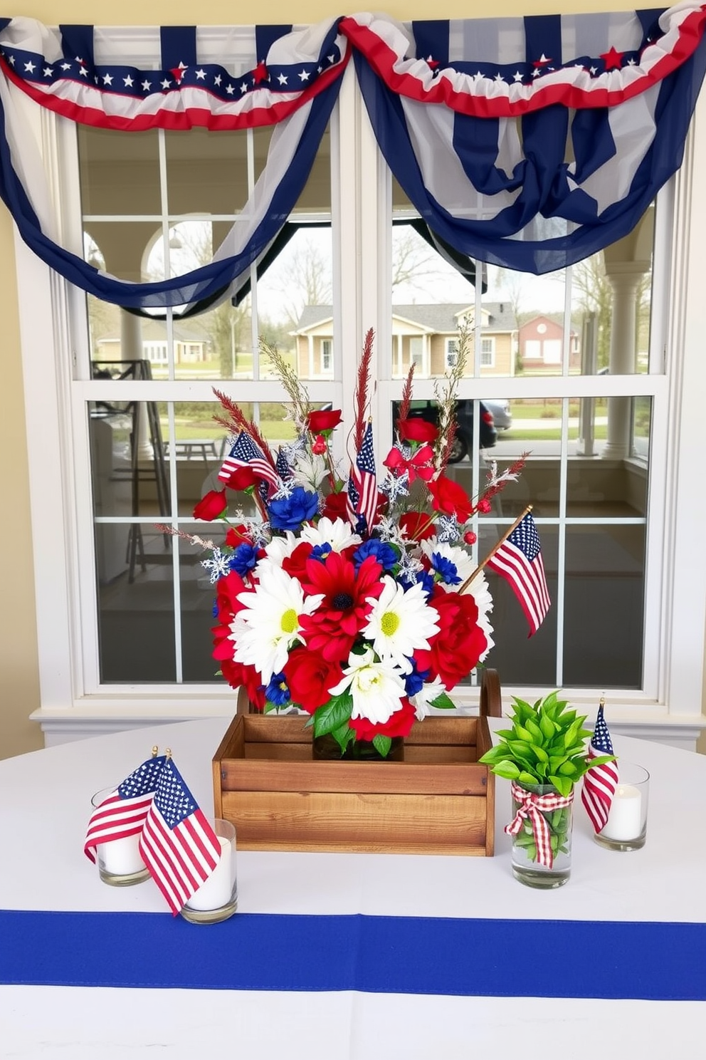 A patriotic themed table centerpiece featuring a large red white and blue floral arrangement in a rustic wooden box. Surrounding the centerpiece are small American flags and candles in glass holders creating a festive atmosphere. Memorial Day window decorations include hanging red white and blue bunting draped elegantly across the window frame. Potted plants with stars and stripes ribbons are placed on the windowsill adding a touch of greenery and color.