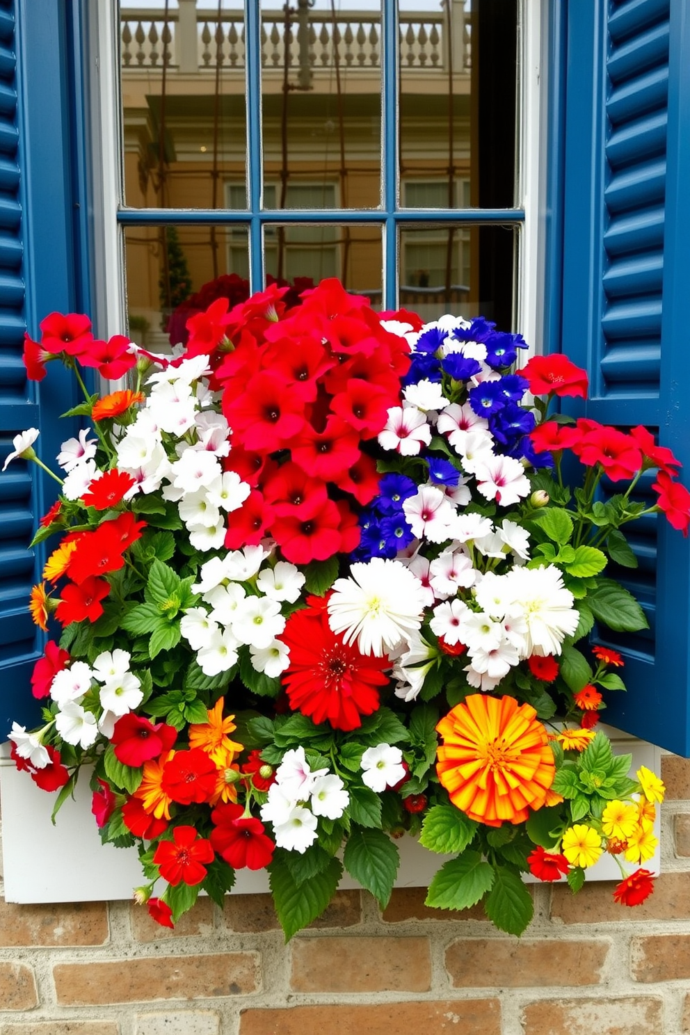 A charming window box brimming with vibrant seasonal flowers in red white and blue hues. The arrangement features petunias marigolds and geraniums creating a festive atmosphere for Memorial Day celebrations.