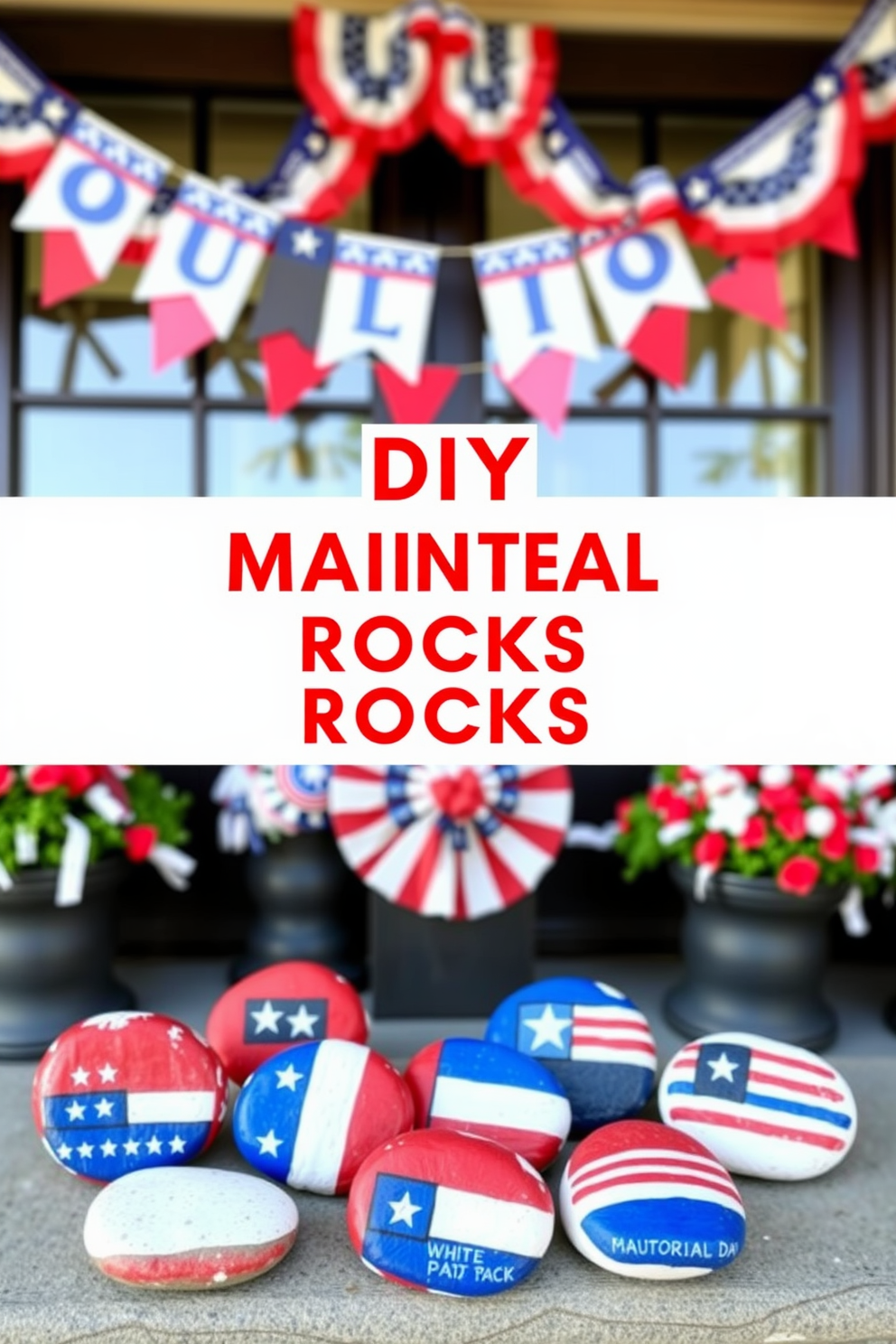 A collection of DIY painted rocks featuring patriotic designs. Each rock showcases red white and blue colors with stars and stripes to celebrate Memorial Day. A festive window display adorned with patriotic decorations. Banners and garlands in vibrant colors frame the windows creating a cheerful atmosphere for the holiday.