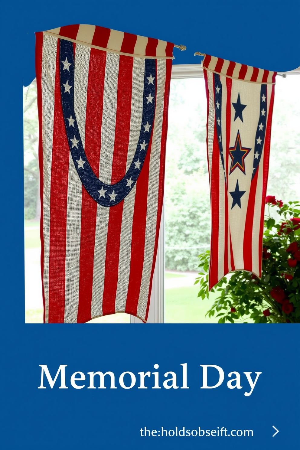 Hanging fabric banners with stars and stripes create a festive atmosphere for Memorial Day. These banners can be draped across windows or hung vertically to enhance the patriotic theme.