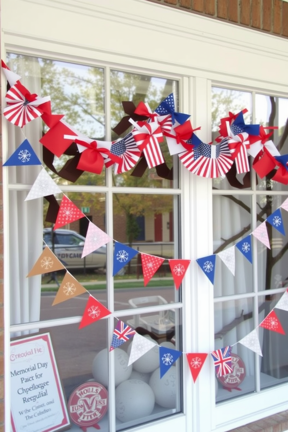 A festive window display featuring seasonal garlands made of colorful paper flags. The garlands are draped elegantly across the window frame, creating a cheerful atmosphere for Memorial Day celebrations.