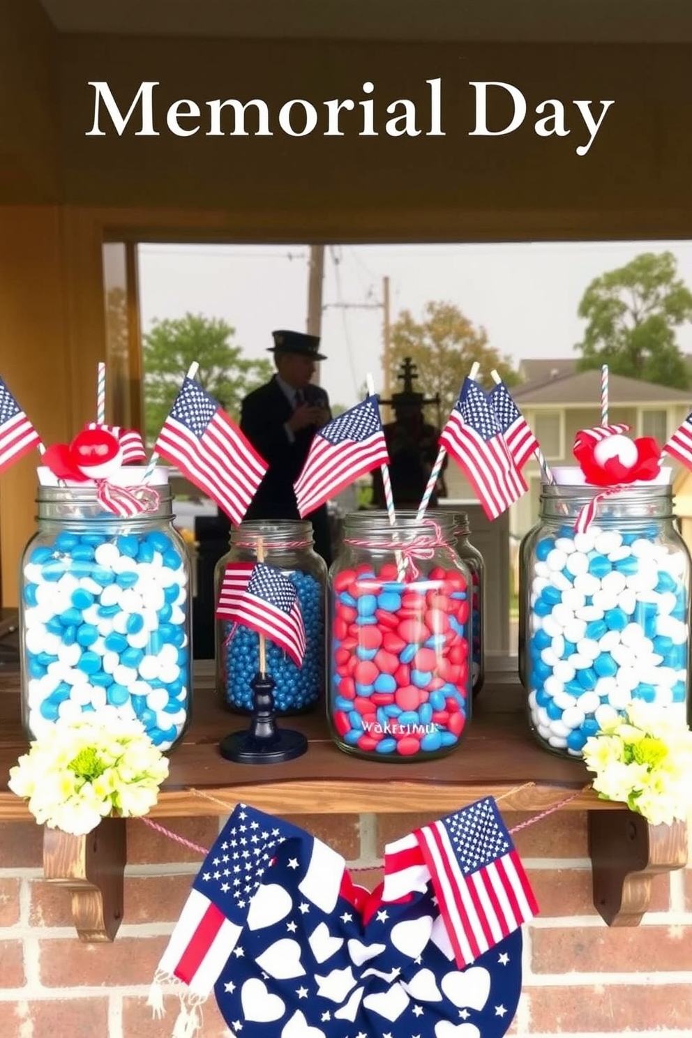 Create a festive window display for Memorial Day featuring glass jars filled with red white and blue candies. The jars are arranged on a rustic wooden shelf adorned with small American flags and seasonal flowers for a patriotic touch.