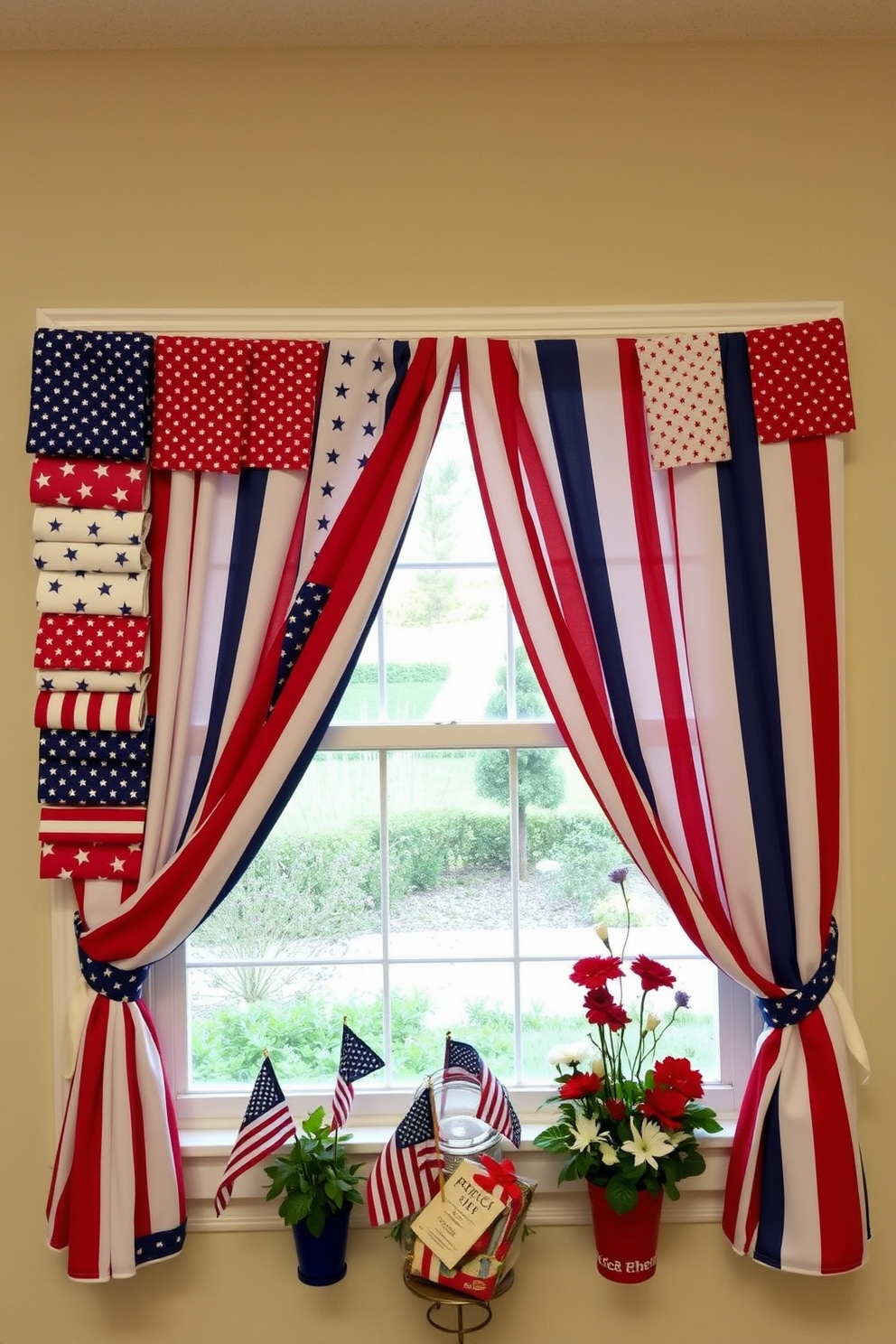 Patriotic themed fabric swatches are elegantly arranged on a display board. The vibrant colors of red, white, and blue create a festive atmosphere perfect for Memorial Day celebrations. The window is adorned with flowing curtains made from the fabric swatches, showcasing stars and stripes patterns. Decorative elements such as small flags and floral arrangements complement the patriotic theme, enhancing the overall decor.