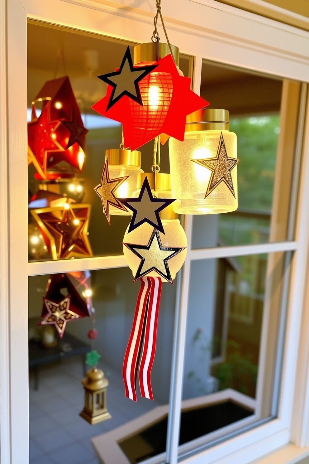 Clustered lanterns adorned with stars and stripes create a festive atmosphere for Memorial Day. These decorative elements hang from the window, casting a warm glow and celebrating the spirit of the holiday.